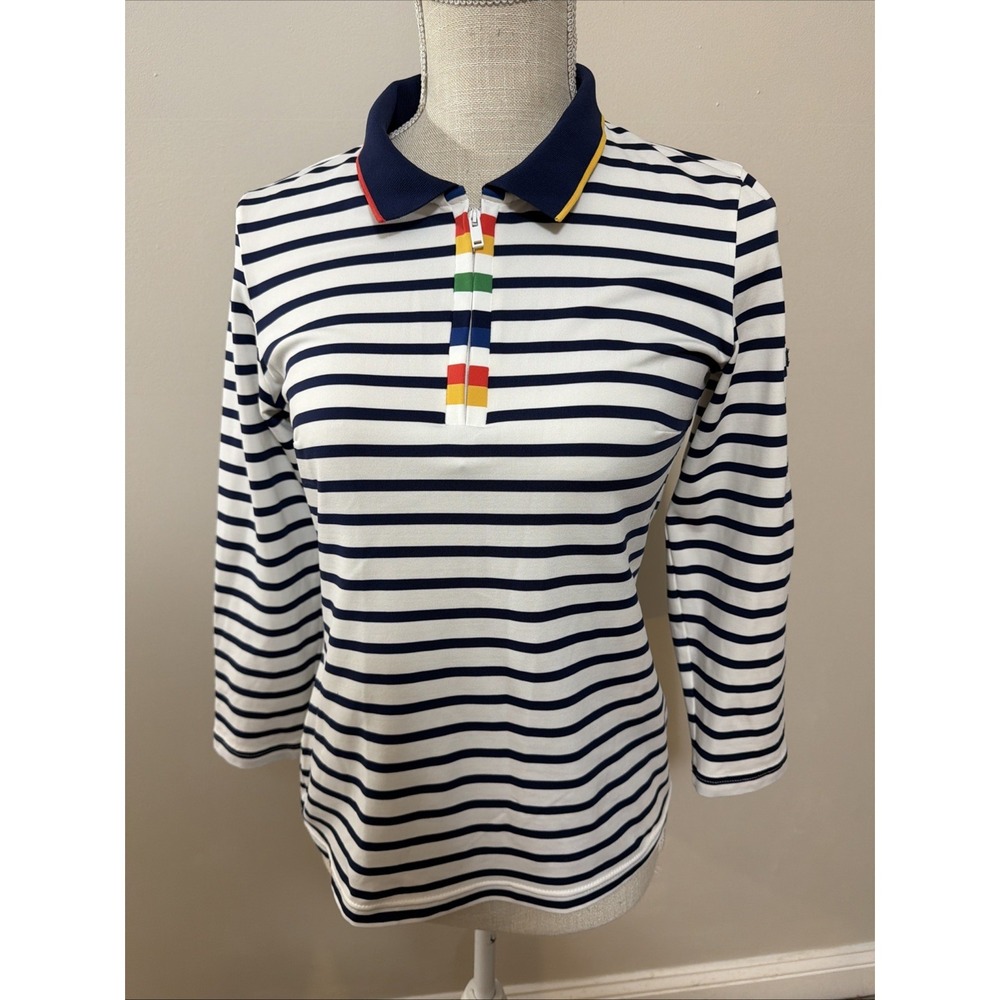 Saint James L'Atelier  1/4 Zip Top Multi Navy Blue Polo Stripe Shirt France SZ 6